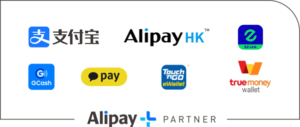 Alipay＋　パートナーロゴ Alipay　Alipay香港　EZLink GCash KakaoPay Touch'n Go TrueMoney